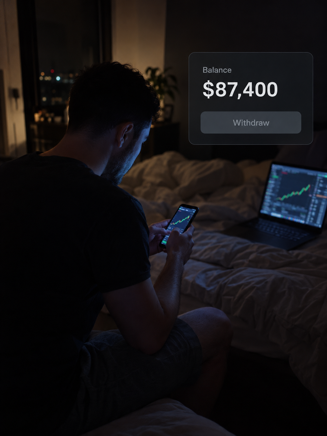 Man on a bed at night lit by a phone screen