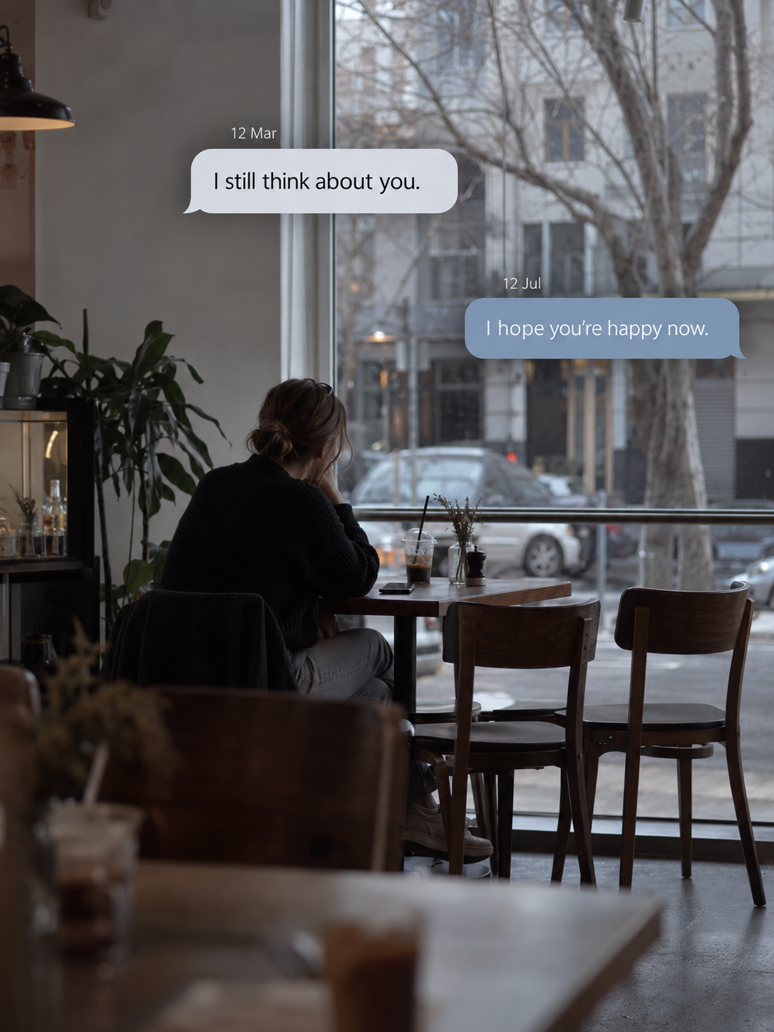 Woman alone at a cafe table with her phone