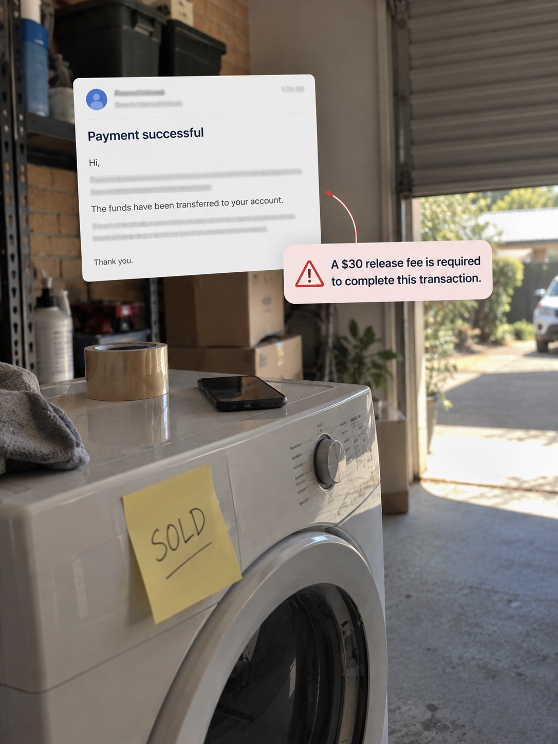 Clothes dryer in a garage marked sold