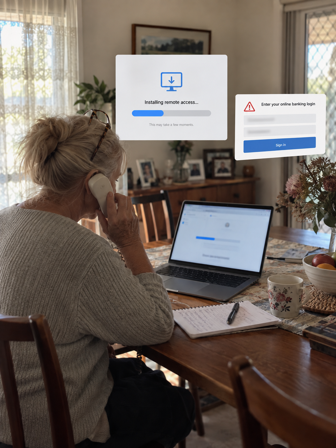 Older woman on a landline with a laptop open