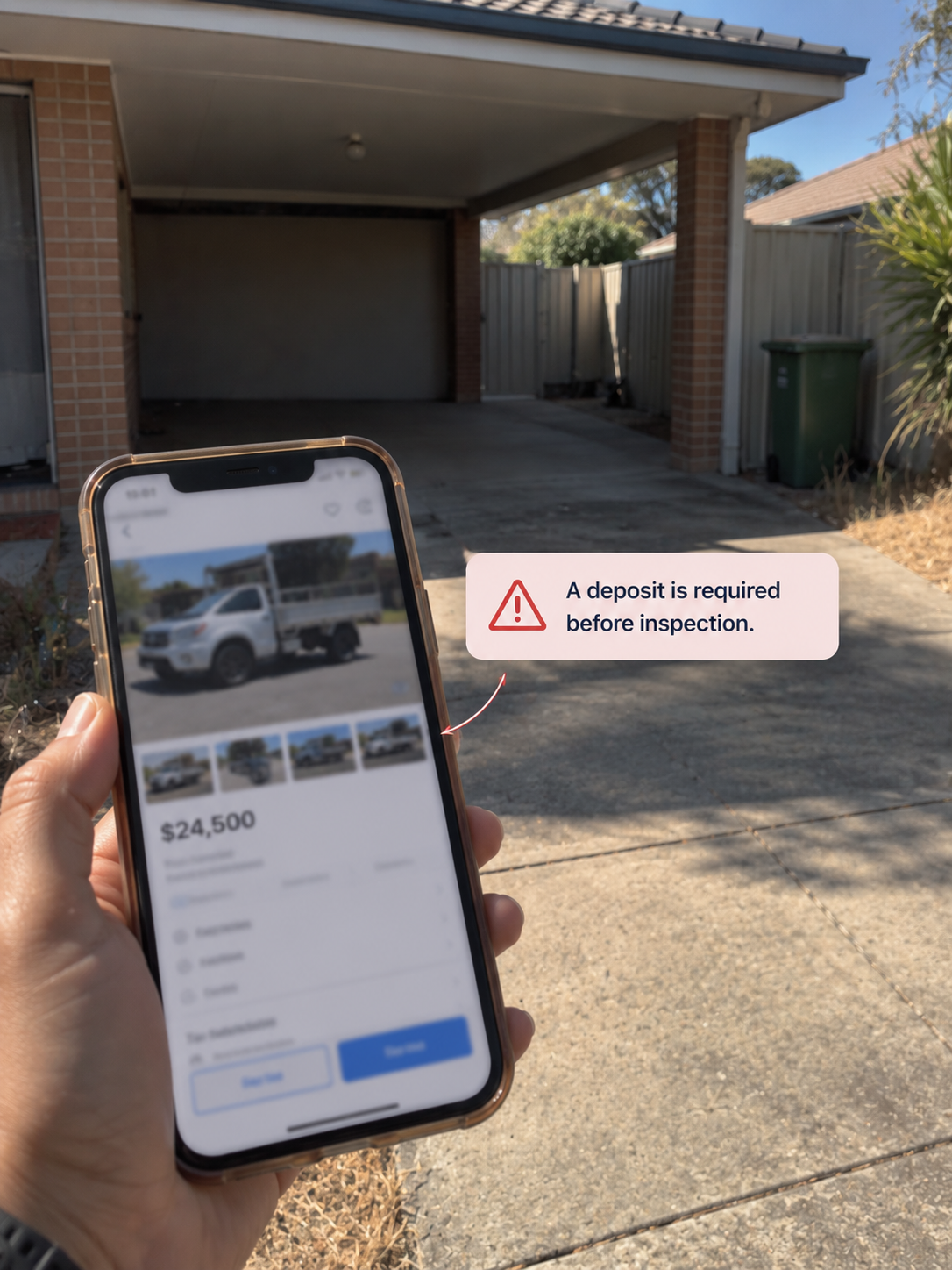 Phone showing a vehicle listing outside an empty carport