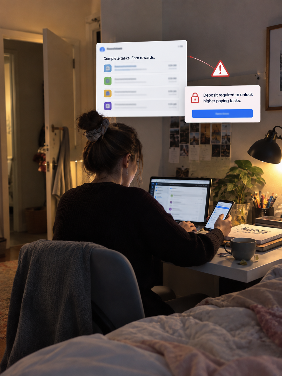 Young woman at a desk with a laptop and phone