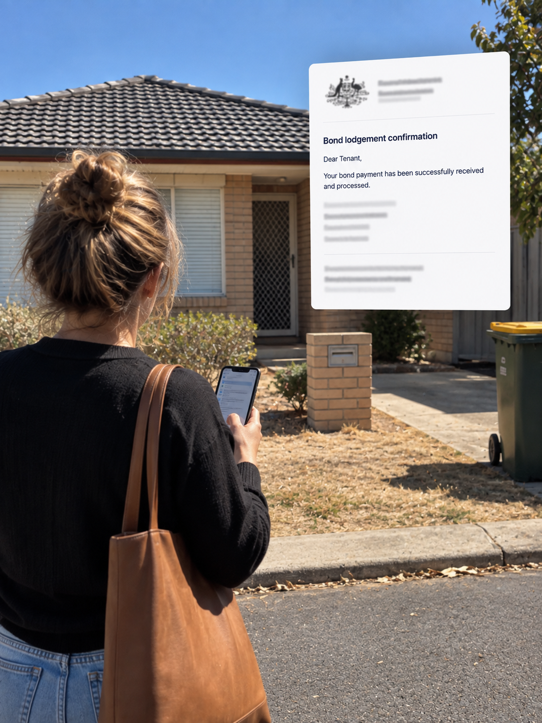 Woman outside a brick rental house with closed blinds